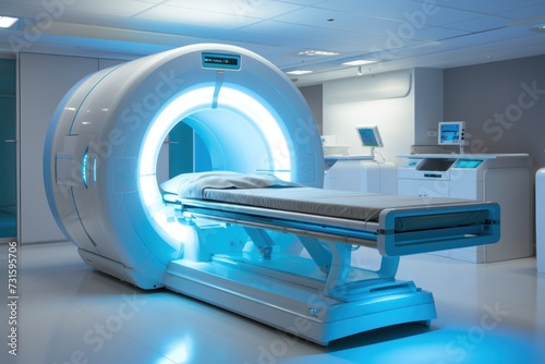 CT scanner in hospital. Medical equipment for diagnostics and diagnosis. Healthcare, laboratory research and diagnostics concept