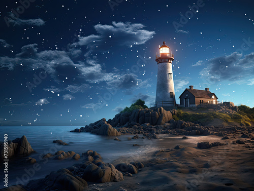 Amidst waves, a magical lighthouse on an isolated island stands tall, symbolizing the unwavering support and leadership illuminating the path for all