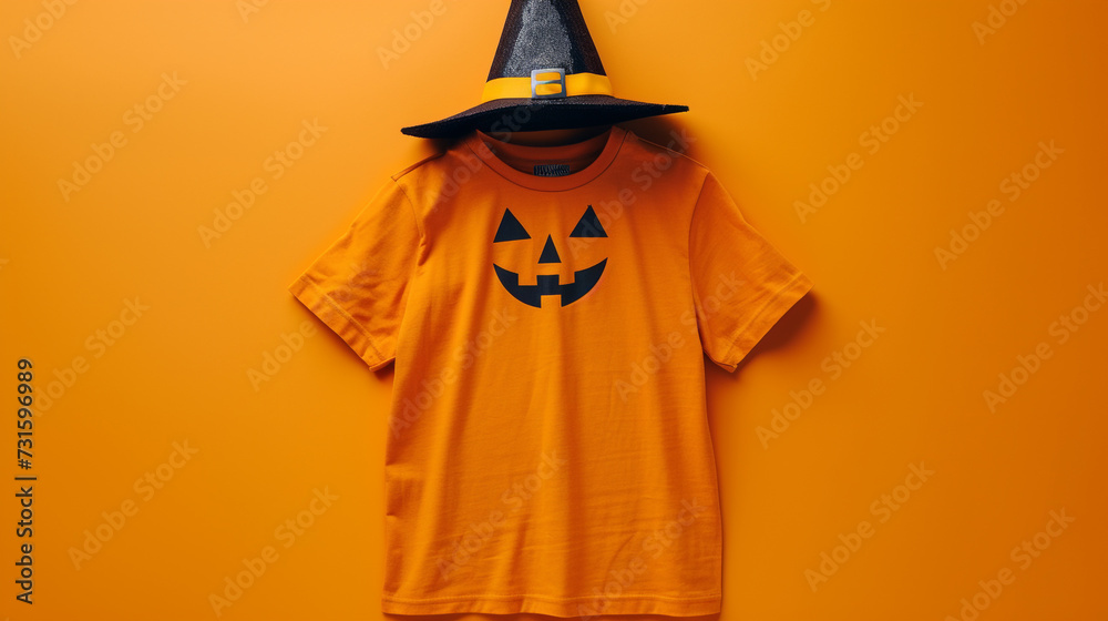 an orange T-shirt with a pumpkin face and a witch hat on the head 