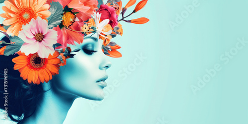 Collage of a woman with spring flowers in her hair. Young and fresh
