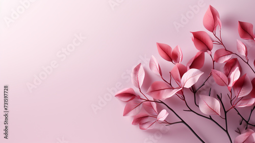 Abstract minimal pink background with pink plant leaves. © alexkich