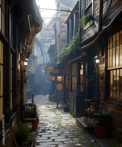 Narrow, cozy street with old houses. Scenery of an old city. photo