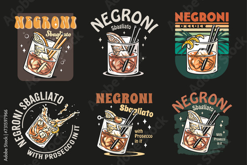Negroni cocktail vector set with ice and slice of orange for cocktail bar or drink summer party. Negroni sbagliato or alcohol cocktail collection for tee print of beach bar and cafe menu photo