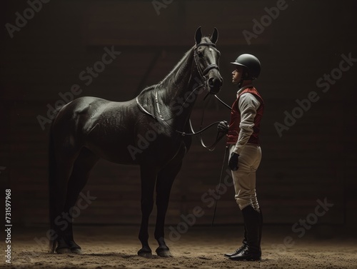 Jockey with his Horse. Riding Sport. AI Generative © MendyZa