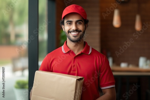 Happy delivery man in red shirt with cardboard box and baseball cap. © Kseniya