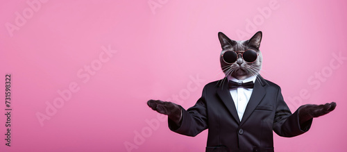 Banner featuring a cat dressed in a sharp black suit and bow tie, wearing round cool sunglasses with outstretched arms, on a hot pink background with ample copy space. Advertising, leaflets, flyers