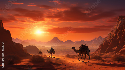 Desert adventure with camels ride and travellers on sand dunes