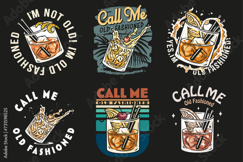 Old fashioned cocktail vector set with ice, cherry and splash for design of bar menu. American alcohol cocktail collection with whisky and bourbon for drink party. Tee print