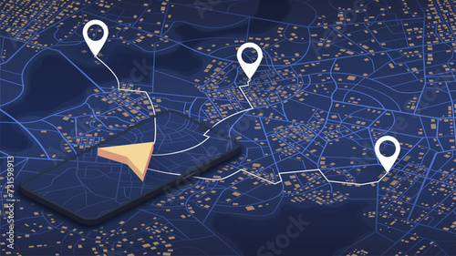 Giant mobile phone with arrow on screen. Isometric city map featuring directional signs, an intended goal point and multiple markers. Editable vector illustration