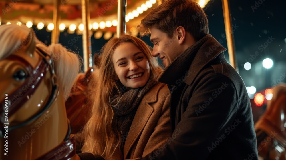 Couple holding hands and standing in front of carousel at christmas market