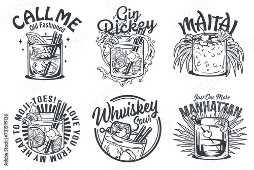 Mai Tai cocktail and Manhattan cocktail vector set with slice of pineapple and cherry for cocktail bar or summer party. Whiskey sour, Mojito or Gin rickey alcohol cocktail for drink party. Tee print