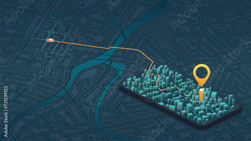 Giant mobile phone with city map on the screen. Isometric generic city map with signs. Abstract navigation plan of urban area. City streets, destination tag or mark. Editable vector illustration