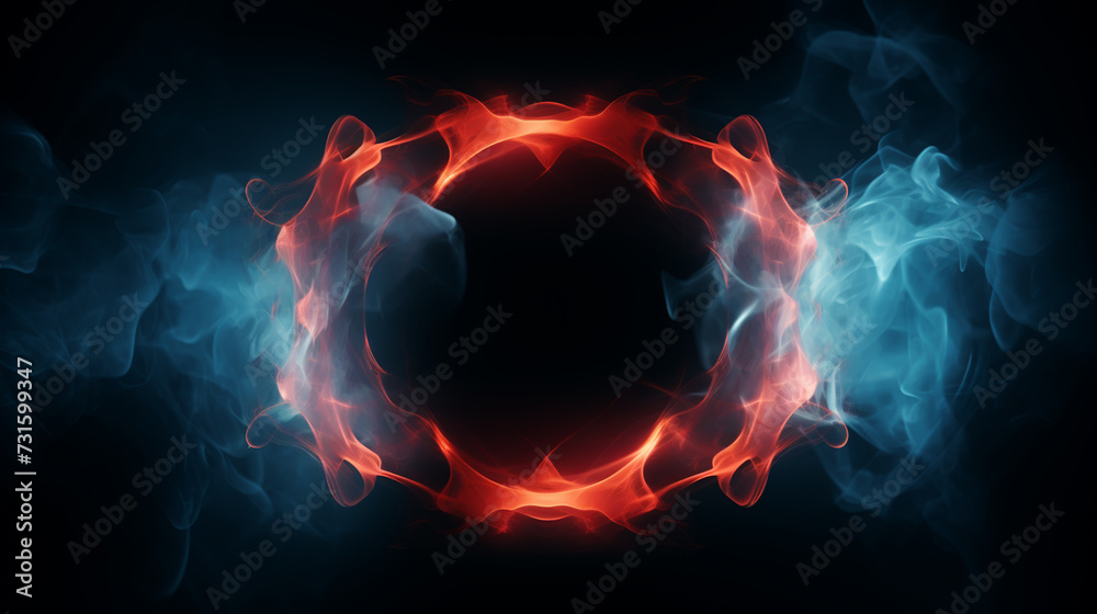 Neon laser vibrant circle with sparks, haze, and laser grid on starry space background. Red vivid round shape. - obrazy, fototapety, plakaty 