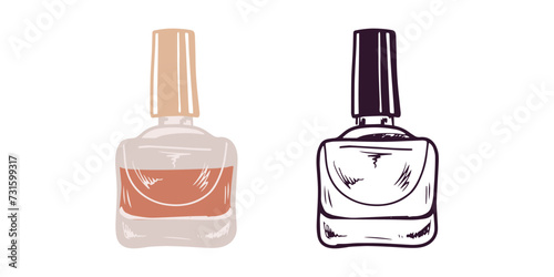 Hand-drawn nail polish, beauty cosmetic element, self care. Illustration for beauty salon, cosmetic store, makeup design. Colored flat and black doodle style.