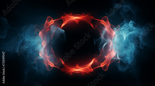 Neon laser vibrant circle with sparks, haze, and laser grid on starry space background. Red vivid round shape. photo
