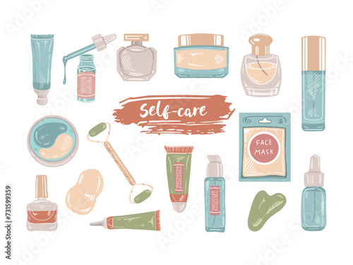 A set of hand-drawn flat colored sketches of cosmetics, beauty, self-care elements.  Illustration for beauty salon, cosmetic store, makeup design.