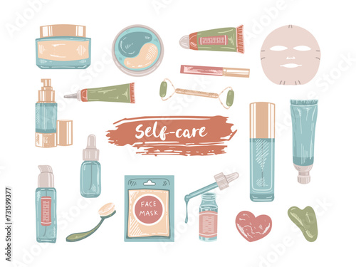 A set of hand-drawn flat colored sketches of cosmetics, beauty, self-care elements.  Illustration for beauty salon, cosmetic store, makeup design.