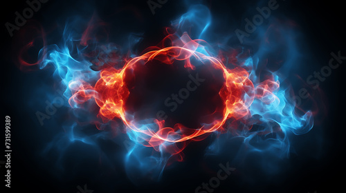 Neon laser vibrant circle with sparks, haze, and laser grid on starry space background. Red vivid round shape. photo