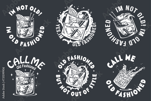Monochrome Old fashioned cocktail vector set with ice, cherry and splash for design of bar menu. American alcohol cocktail collection with whisky and bourbon for drink party. Tee print
