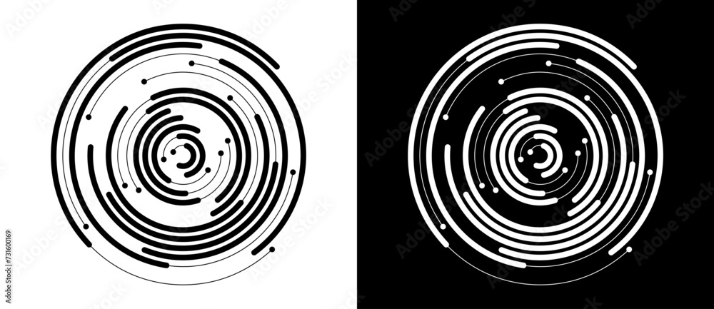 Abstract background with lines and dots in circle. Art lines design as logo or icon. Black lines on a white background and white lines on the black side. Abstract background with lines and dots in circle. Art lines design as logo or icon. Black lines on a white background and white lines on the black side.