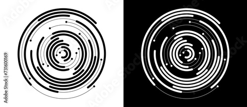 Abstract background with lines and dots in circle. Art lines design as logo or icon. Black lines on a white background and white lines on the black side.