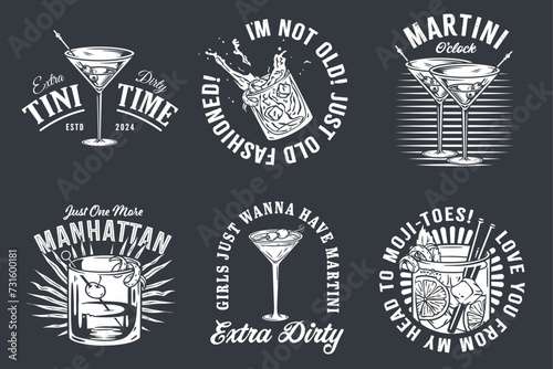 Monochrome martini cocktail vector set with olive and splashes for alcohol for cocktail bar or drink party. Old fashioned or Manhattan cocktail collection for logo or tee print of bartender or barman