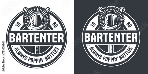 Bartending logo with strainer for shop or store. Bartender design with cocktail bar tool for barman