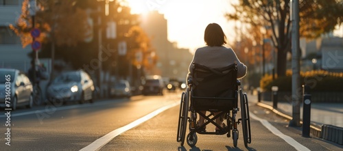 Disabled handicapped person on wheeled chair among people without disabilities