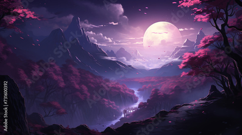 Purple landscape with moon and stars