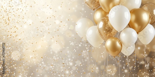 happy birthday background with realistic balloon and golden confetti