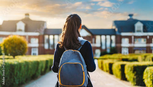 schoolchild girl carry school bag while walking in school background.