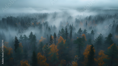 A dense and mysterious forest, with misty trees as the background, during a foggy autumn morning