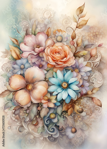 Watercolor style image with a bouquet of garden flowers on soft pastel background. Floral botanical herbal texture. Amazing digital illustration. CG Artwork Background