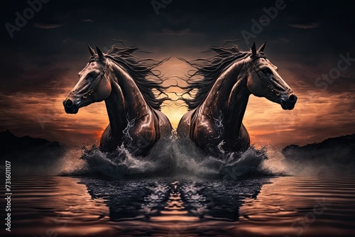AI generated illustration of two horses getting out of the water