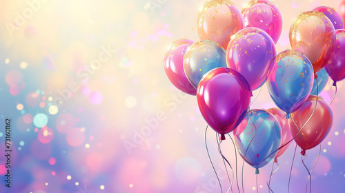 Beautiful Happy Birthday Greeting Card Confetti Background With Colorful Balloons and Copyspace for Text. Birthday Background Concept.