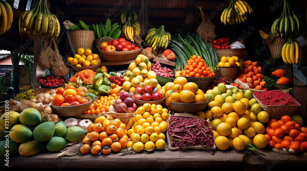 big choice of fresh fruits and vegetables on market counter