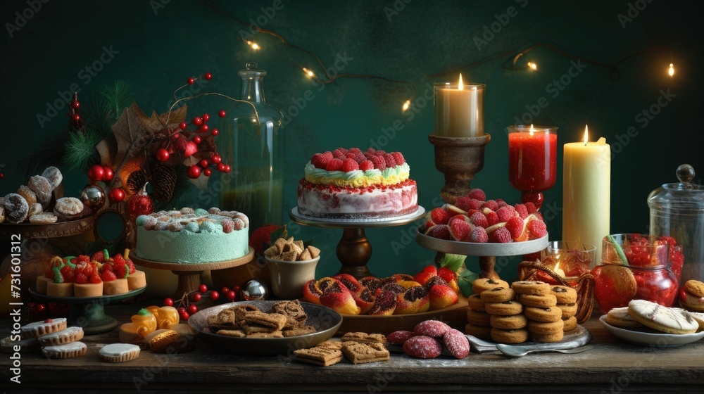 AI generated illustration of a festive Christmas dinner table setting with food and candles