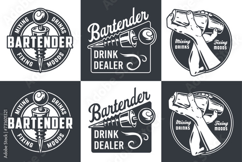 Bartender design with bottle stopper and boston shaker for bartending school. Vector emblem set of chromed metal equipment or cocktail bar tool for barman or barkeep