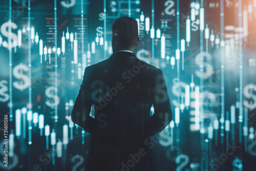 A businessperson with dollar signs and financial charts, representing the achievement of profitability in a competitive market concept photo