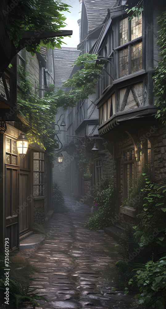 Fototapeta premium Old narrow street in medieval town. Cityscape with old houses. 