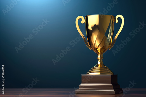 3D golden color trophy cup on blue background