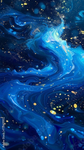 Blue and Gold Swirls on Black - Abstract Painting