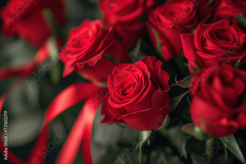 Red bouquet roses bunch on the moody background with a beautiful valentine bright background and valentine day concept.