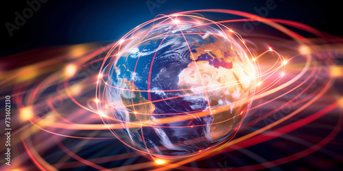 Digital world globe out of control, extreme speed of global network and excessive connectivity on Earth, super fast data transfer in a mad rush and crazy exchanges #731602130