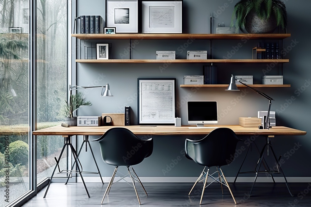 Stylish and Modern Home Office Interior with Elegant Design, Natural Light, and Contemporary Furniture for a Productive Work Environment Stylish and Modern Home Office Interior with Elegant Design, Natural Light, and Contemporary Furniture for a Productive Work Environment