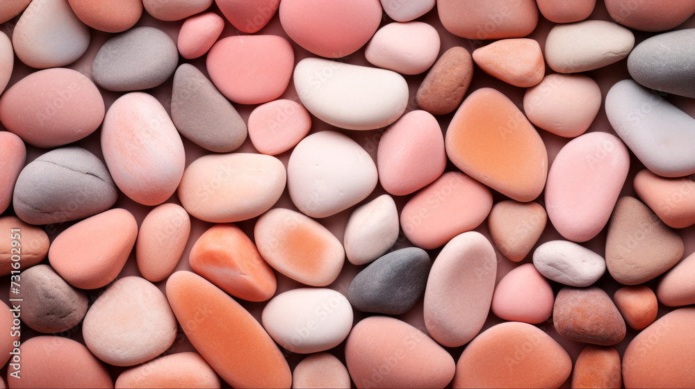 A collection of smooth, multi-colored pebbles, vary in shades of peach, pink and grey, creating aesthetically pleasing calming composition, for backgrounds, wallpapers, or design with natural touch A collection of smooth, multi-colored pebbles, vary in shades of peach, pink and grey, creating aesthetically pleasing calming composition, for backgrounds, wallpapers, or design with natural touch