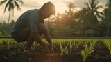 The silhouette of a young farmer wearing a long shirt with bent sleeves is planting rice in a rice field with a natural countryside background. Created with Generative AI.