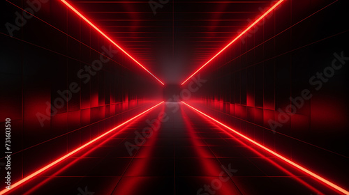 Bright red neon laser lights illuminate the darkness creating lines and triangle shapes in sci-fi effect.