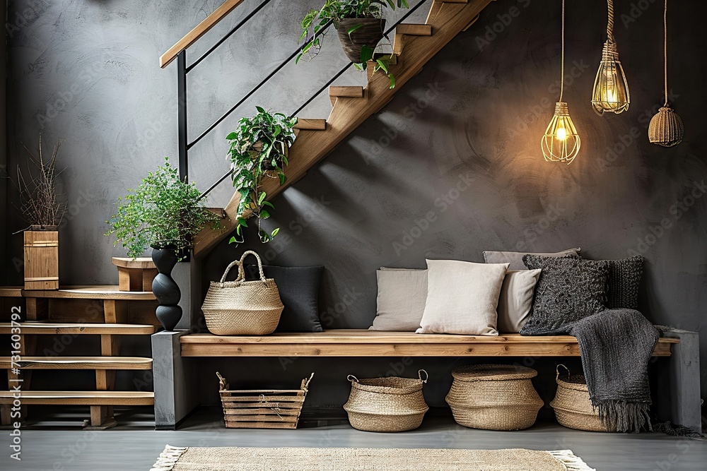 Modern Elegance A Cozy Corner with Wooden Floating Stairs, Stylish Bench Seating, and Warm Ambient Lighting in a Contemporary Home