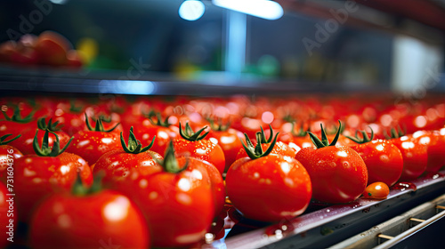 automatic sorting of fresh organic tomato vegetables using machines on a factory production line created with Generative AI Technology 
